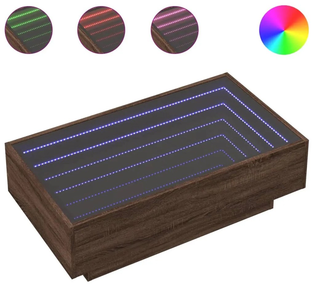 Barna tölgy szerelt fa dohányzóasztal LED-del 90 x 50 x 30 cm