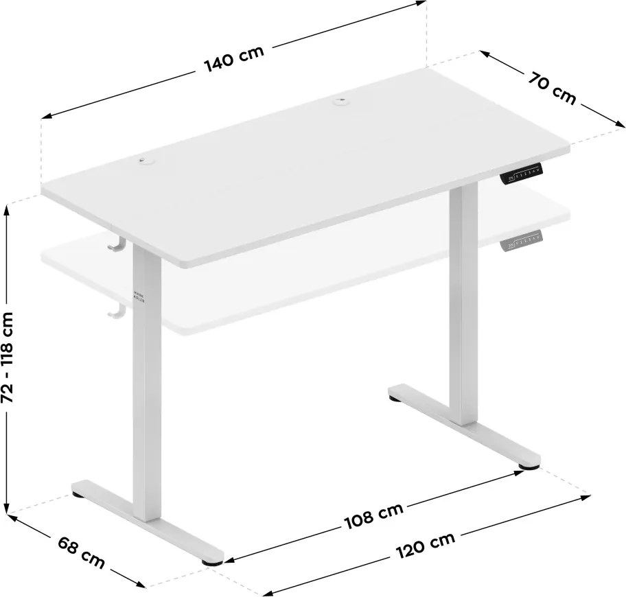 Állítható magasságú elektromos íróasztal 140 x 70 cm fehér