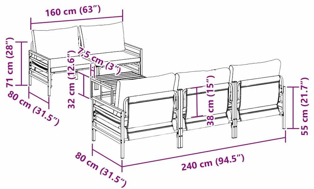 Kerti Kanapé Szett párnával 6 pcs Antracitszürke Acél &amp; szövet
