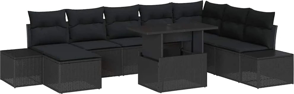 vidaXL Kerti Kanapé Szett tárolóval 9 pcs Fekete Poli rattan