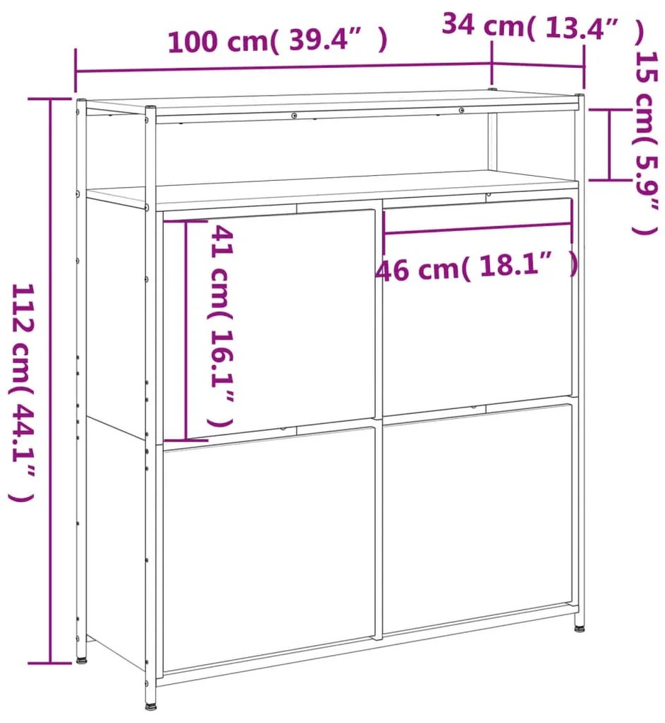 füstös tölgy cipőszekrény 4 kihajtható fiókkal 100x34x112 cm
