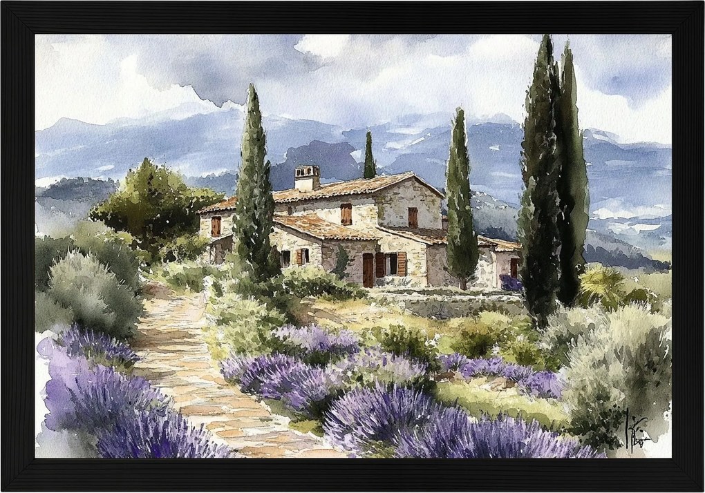 Poszter Keret Fa Olaszország Toszkána Levendula Ciprus Kőház 60x40