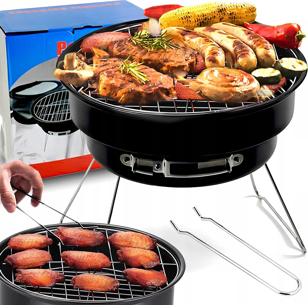 Kerti Grill Hordozható Szén Összecsukható Turista Kempingezéshez, kerek