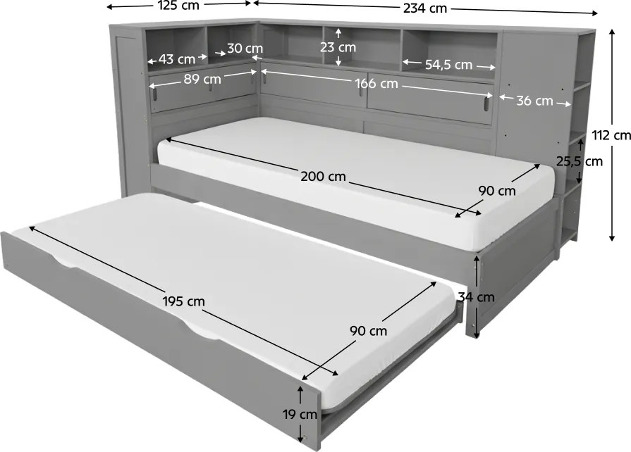 Ágy polcokkal és pótággyal, szürke, 90x200, LENDON