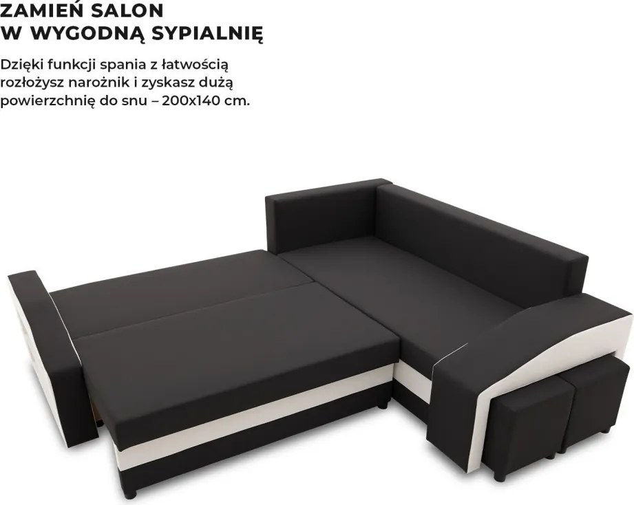 Grande sarokkanapé polcokkal és puffokkal , polc a bal karfaban puffok a jobb karfaban, jobboldali, szövet anyag, bonell töltet, fekete - fehér