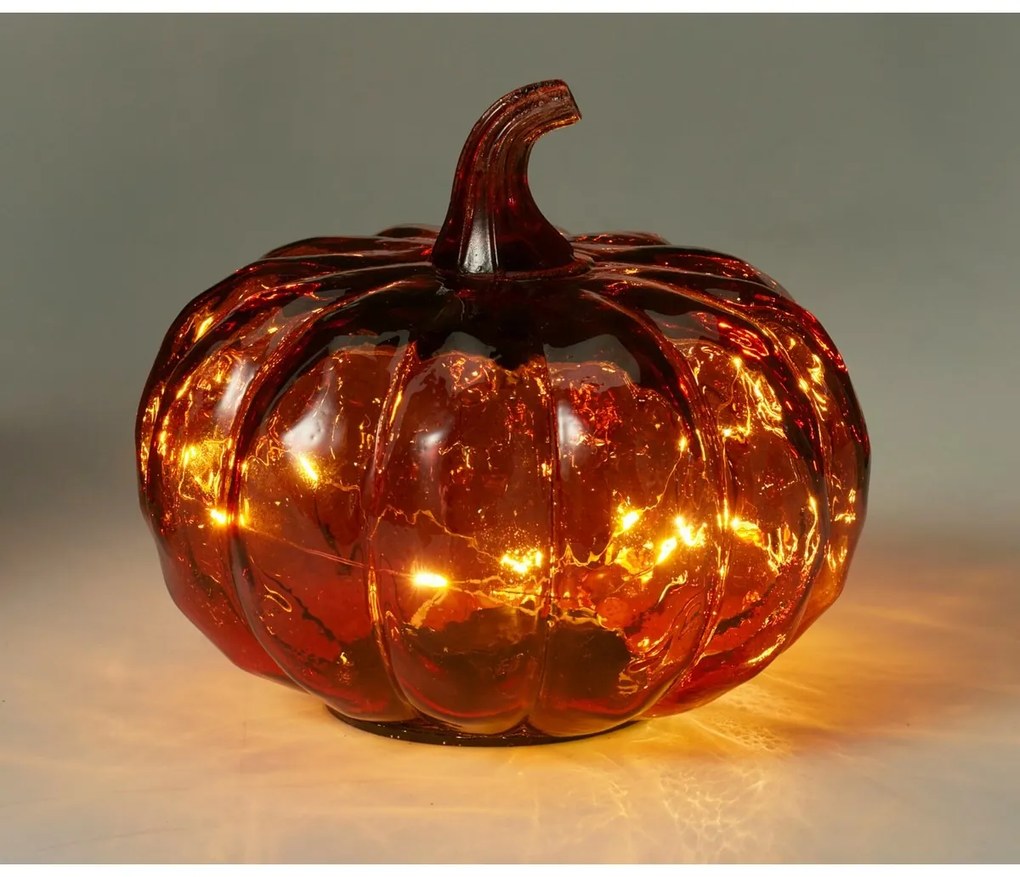 Üveg világító tök 15 x 13 cm, piros, 10 LED,elemes, időzítővel