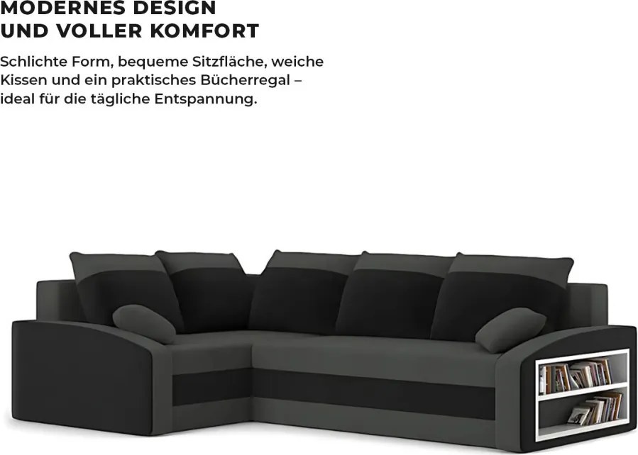 Grande sarokkanapé polcokkal , polc a jobb karfaban, baloldali, szövet anyag, bonell töltet, szürke - fekete