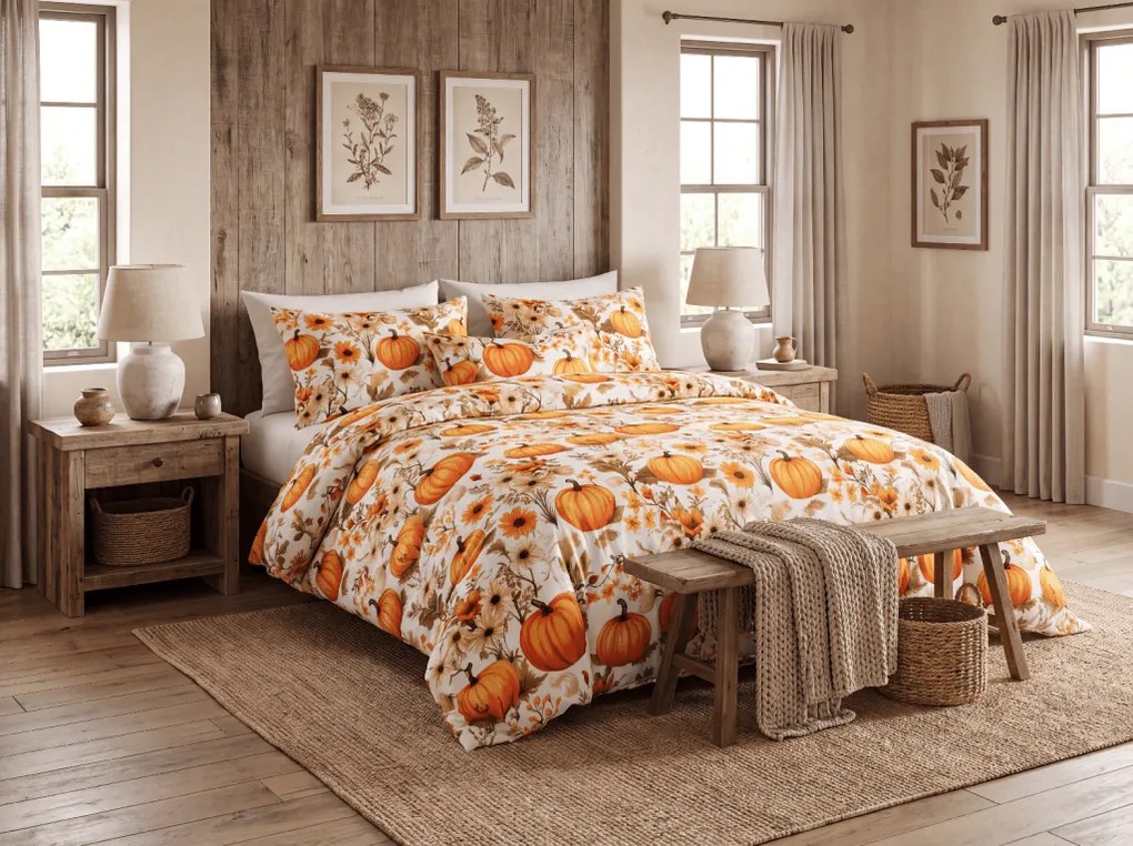 Mikroszálas ágynemű FLOWERS AND PUMPKINS narancssárga Ágyneműhuzat mérete: 70 x 90 cm | 140 x 220 cm