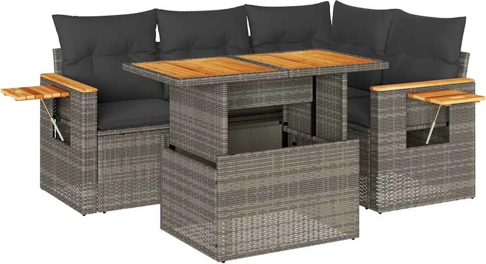 vidaXL 5 részes szürke polyrattan akácfa kerti ülőgarnitúra párnákkal