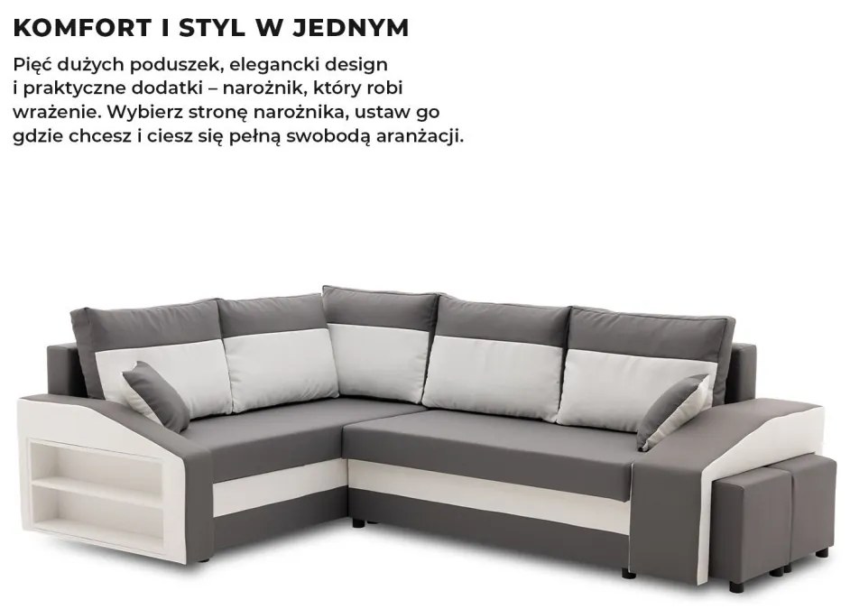 Grande sarokkanapé polcokkal és puffokkal , polc a bal karfaban puffok a jobb karfaban, baloldali, szövet anyag, bonell töltet, szürke - fehér