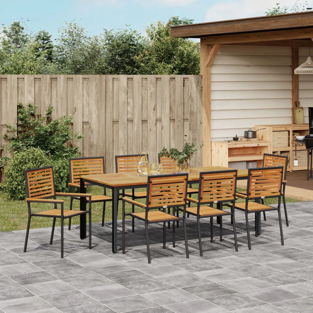 9 Részes Kerti Étkezőszett Fekete Poli Rattan Akácia, Egymásra Rakható Kerti Székek Párnákkal 2 db Fekete Poli Rattan, Kerti Asztal 200x90x75 cm Tömör Akácia Fa és Fém