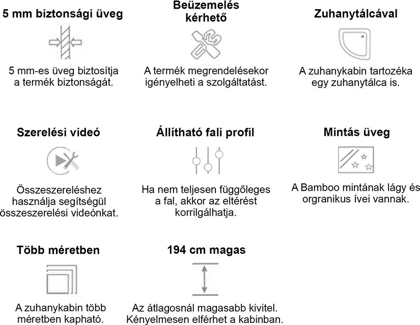 Spirit BAMBOO 80x80x194 cm íves zuhanykabin, erősített akril zuhanytálcával