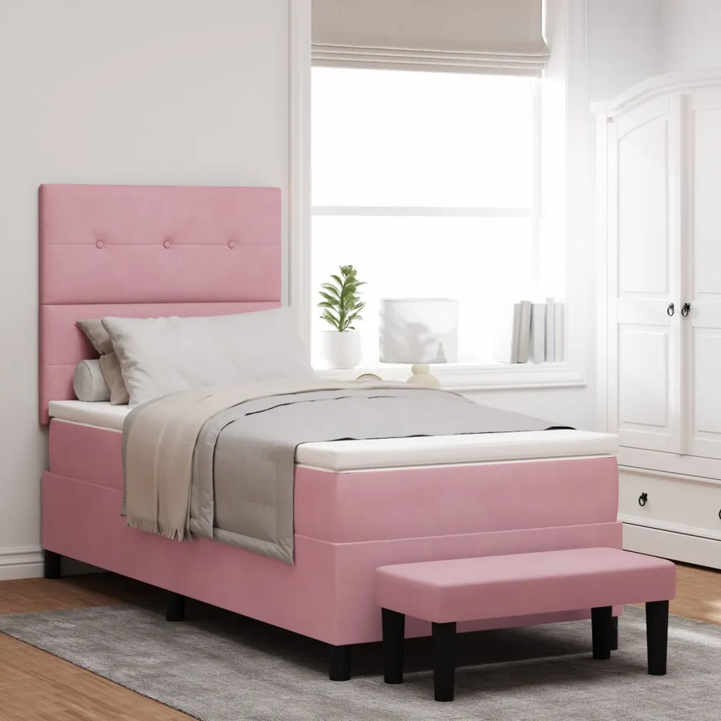 Box spring ágy matraccal és pad rózsaszín 90x190 cm velúr