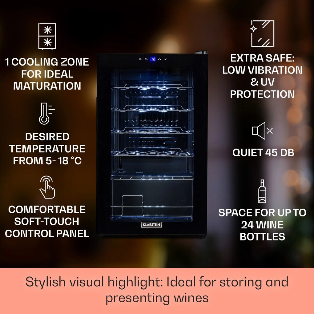 Klarstein Shiraz 24 Uno, borhűtő, 63 liter, 24 palack, 5-18°C, érintőképernyős vezérlőpanel