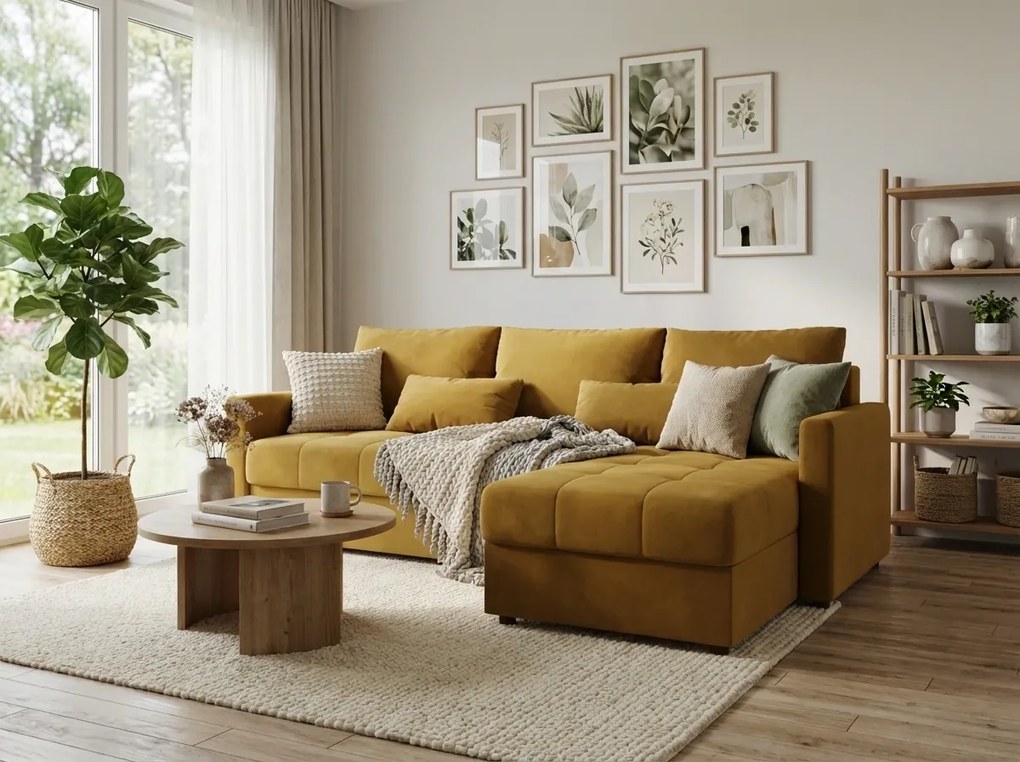 VENORIA L alakú kihúzható sarokkanapé, 220x143 cm, mustársárga + 2 párna INGYEN