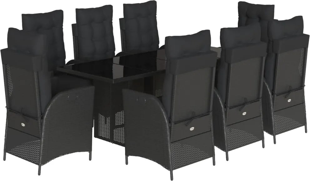 vidaXL 9 részes fekete polyrattan kerti étkezőgarnitúra párnákkal