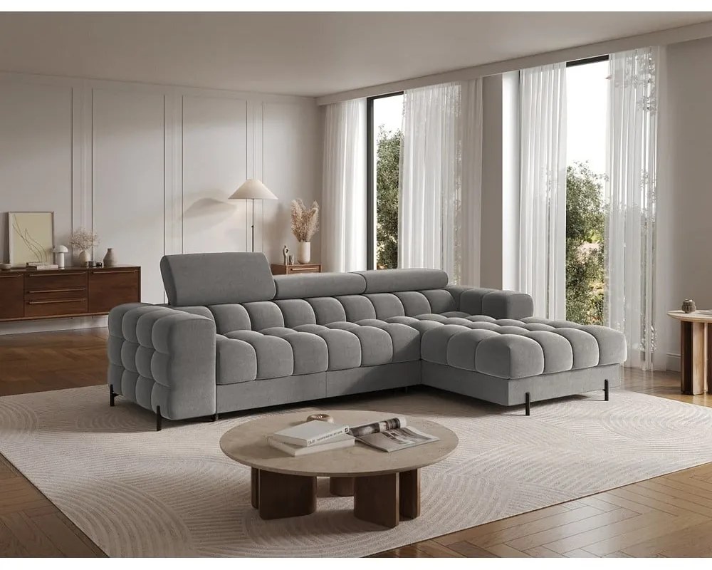 Szürkésbarna bársony kinyitható-tárolóhelyes sarokkanapé (jobb oldali-heverő résszel) Felro – ELTAP