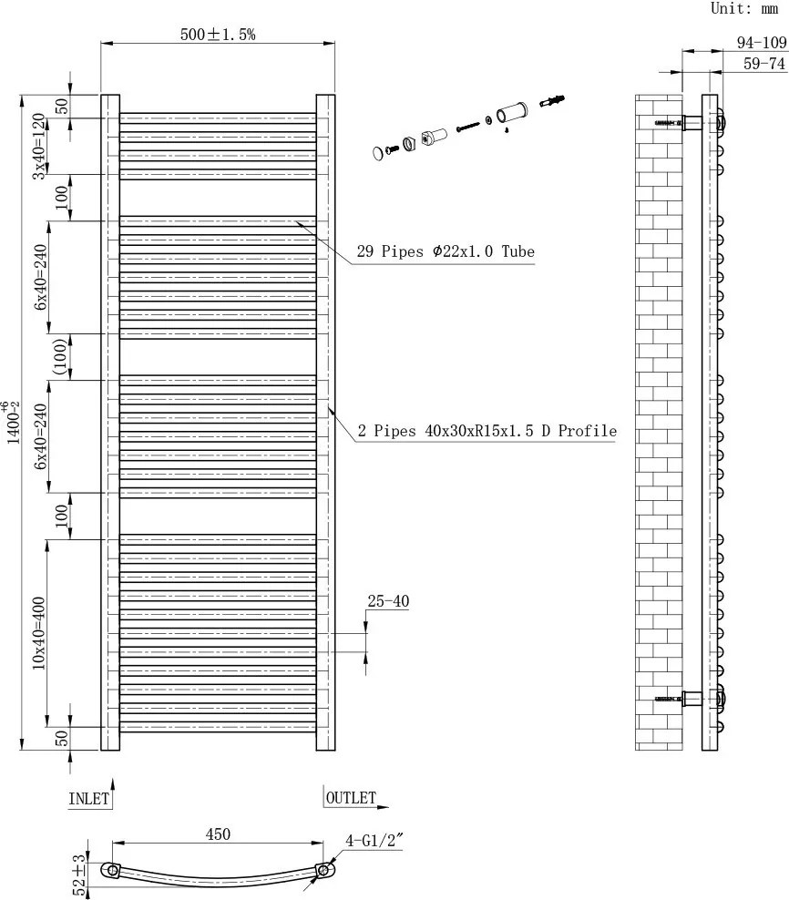 Íves törölközőszárító radiátor 1400x500 mm fekete