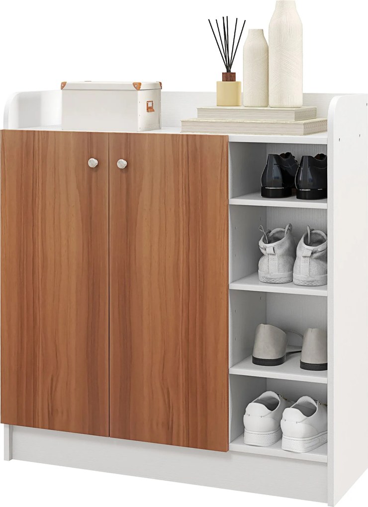 HOMCOM 2 Ajtós Cipőszekrény, Keskeny Cipőtartó Állítható Polcokkal 12 Pár Cipőhöz, Előszobába, 83x30x90 cm, Természetes | Aosom