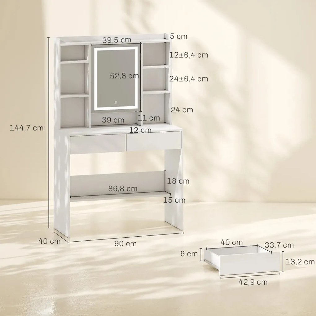 HOMCOM Fésülködőasztal tükörrel, LED világítással, 2 fiókkal, 8 akasztóval, 90 x 40 x 144,7 cm, fehér
