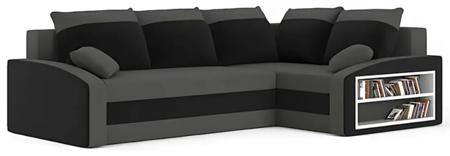 Grande sarokkanapé polcokkal , polc a jobb karfaban, jobboldali, szövet anyag, hab töltet, szürke - fekete