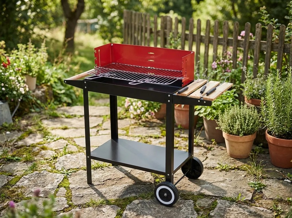Kerti grill faszénnel BBQ 87x35 cm, fekete/piros