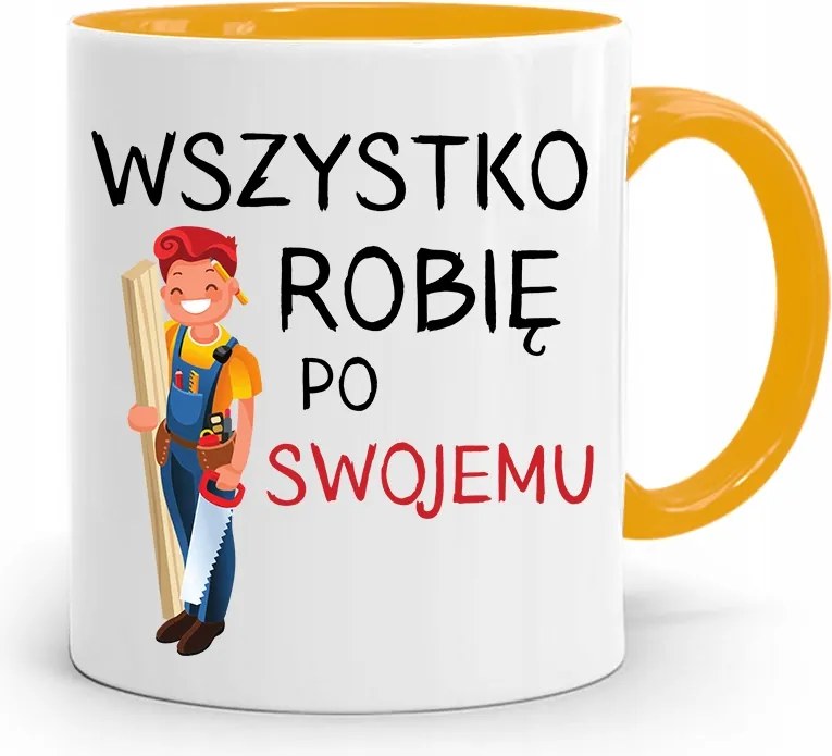 Sárga Asztalos Bögre Mindent A Magam Módján Csinálok, fényképes nyomattal