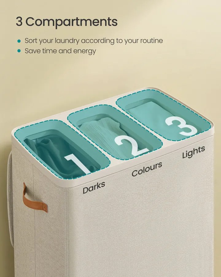 Szennyestartó Kosár, 190 L-es, 3 Rekeszes Szennyeskosár, 64 x 40 x 75 cm, Cappuccino Bézs