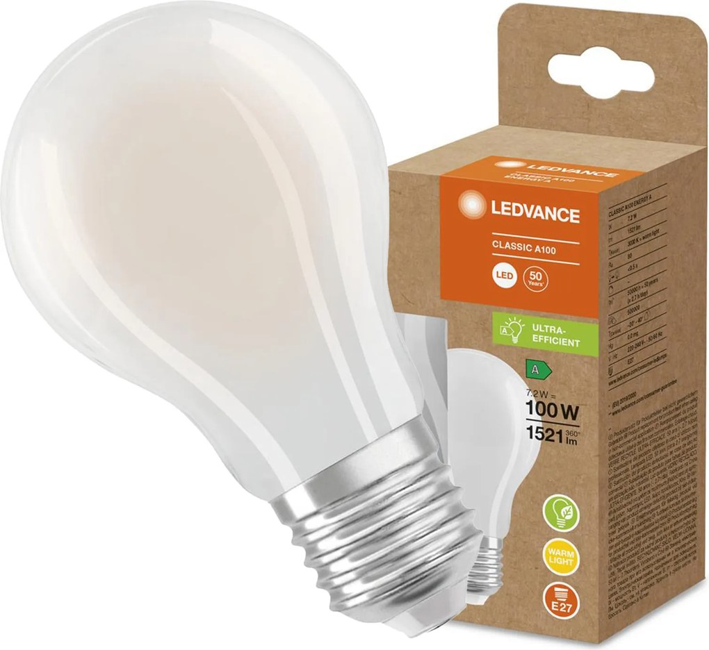 Led izzó A60 E27 7,2W 100W 1521lm 3000K Meleg fehér Ledvance Filament