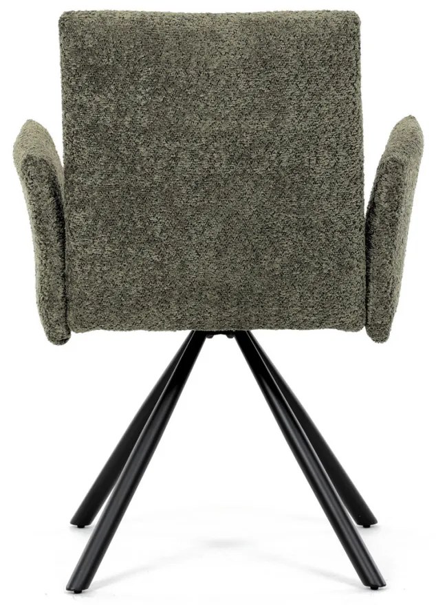 Scaun de sufragerie pivotant / Fotoliu de sufragerie, țesătură vintage verde, picioare din metal negru, mecanism de rotire 90°/90° (stânga/dreapta) - funcție de resetare
