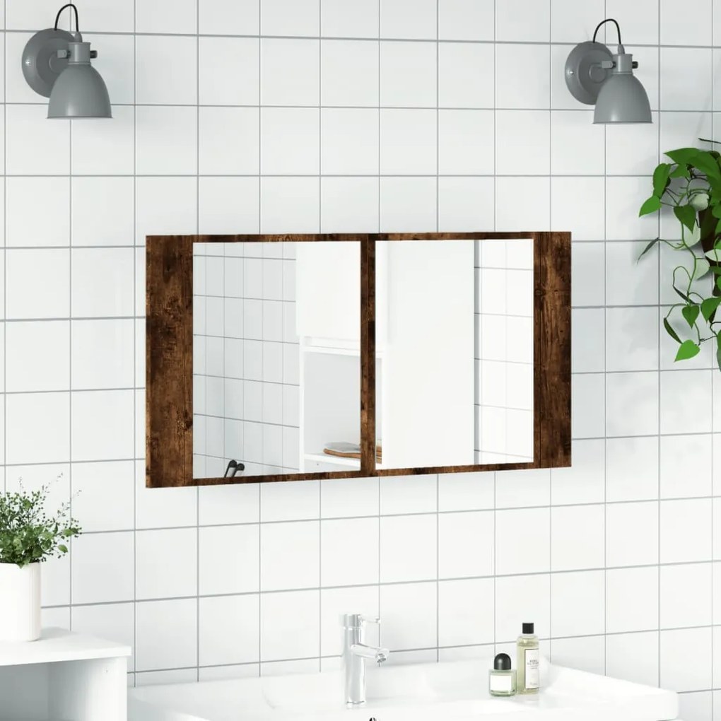 füstös tölgy akril LED-es tükrös fürdőszobaszekrény 90x12x45 cm