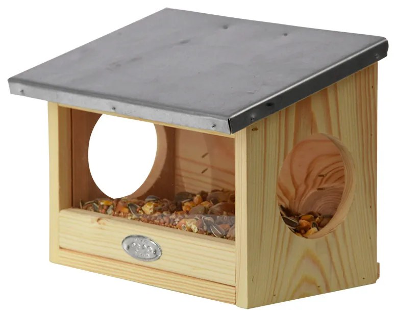 Dupla bejáratú mókus etető, cink tetővel, 25 cm