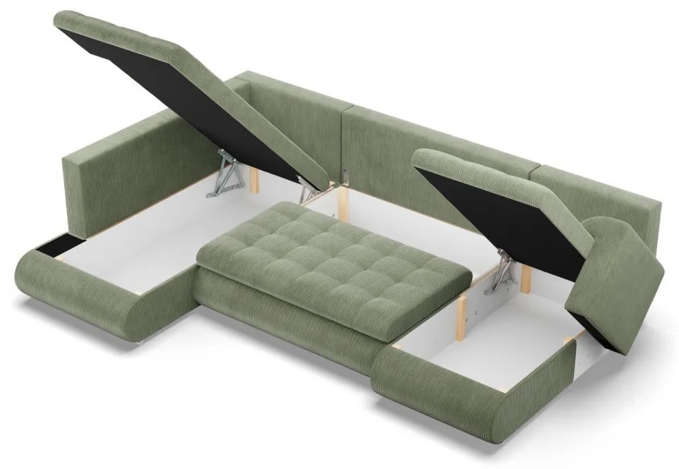 Tokio U sarokkanapé, 3 ágyneműtartóval, kordbársony, baloldali, zöld