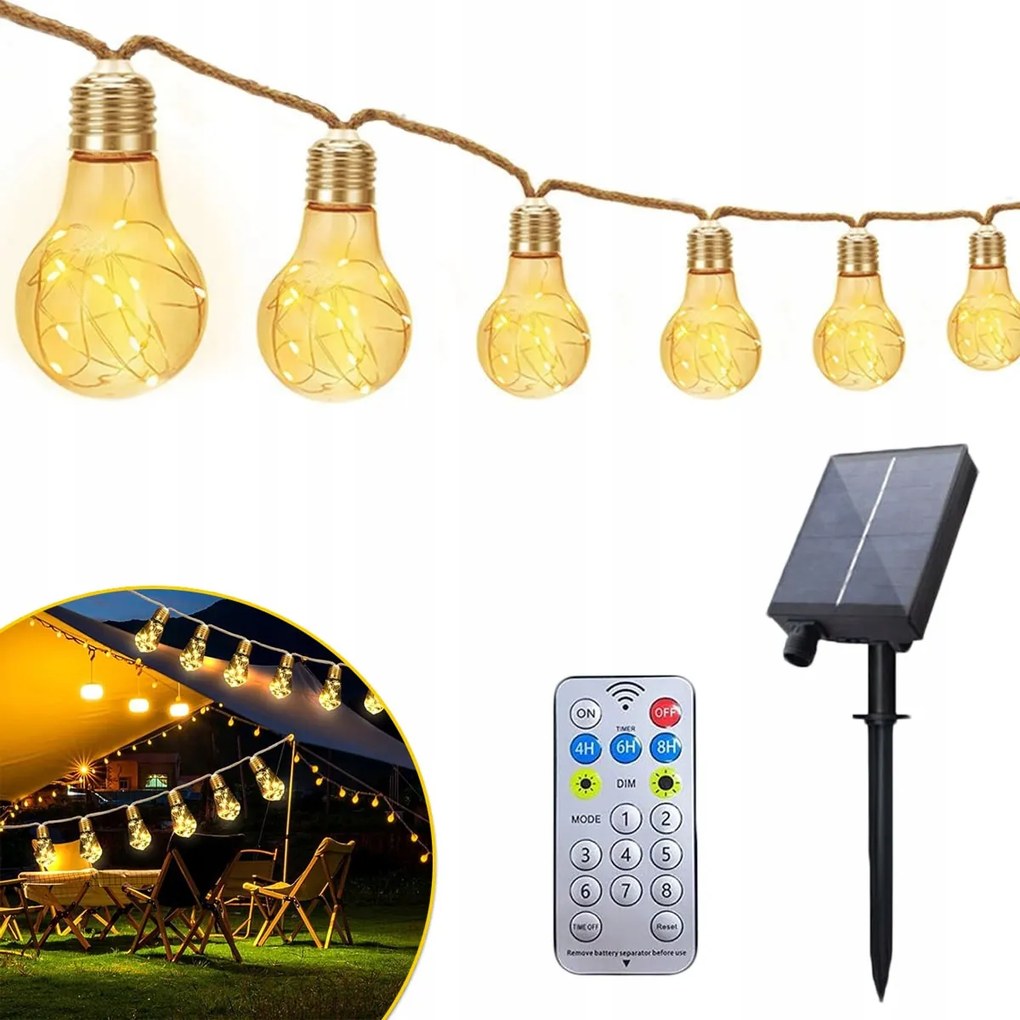 Napelemes fényfüzér 7,8m 16 db napelemes kerti izzó IP65 Kültéri