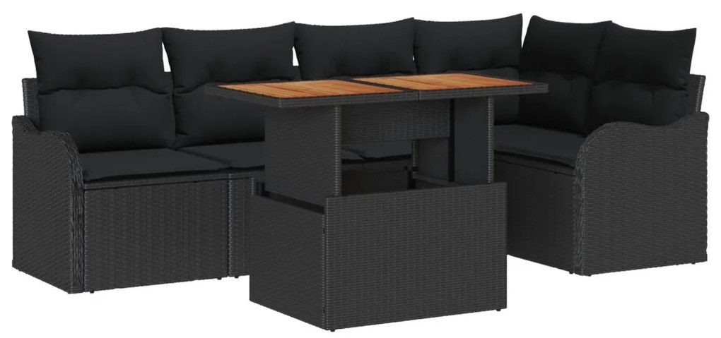 6 db-os Kert Sofa Szett párnákkal, Fekete, Polirattan, Akác, 2 személyes Kert Sofa párnákkal, Fekete, Polirattan