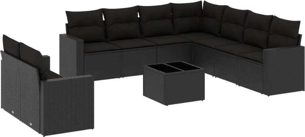 vidaXL 10 részes fekete polyrattan kerti ülőgarnitúra párnákkal