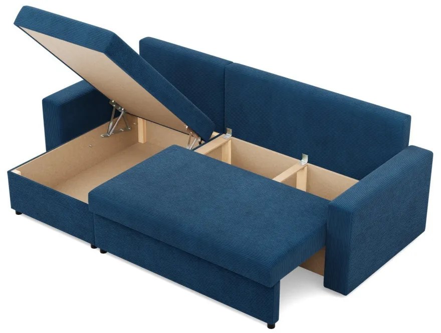 Zeus sarokkanapé, 2 ágyneműtartóval, egyenes kartámasz, kordbársony, univerzális oldal, bonell töltet, kék