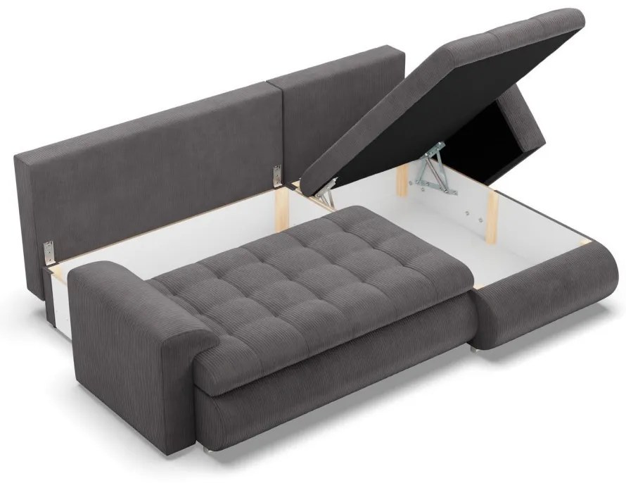 Tokio sarokkanapé, 2 ágyneműtartóval, kordbársony, jobboldali, szürke