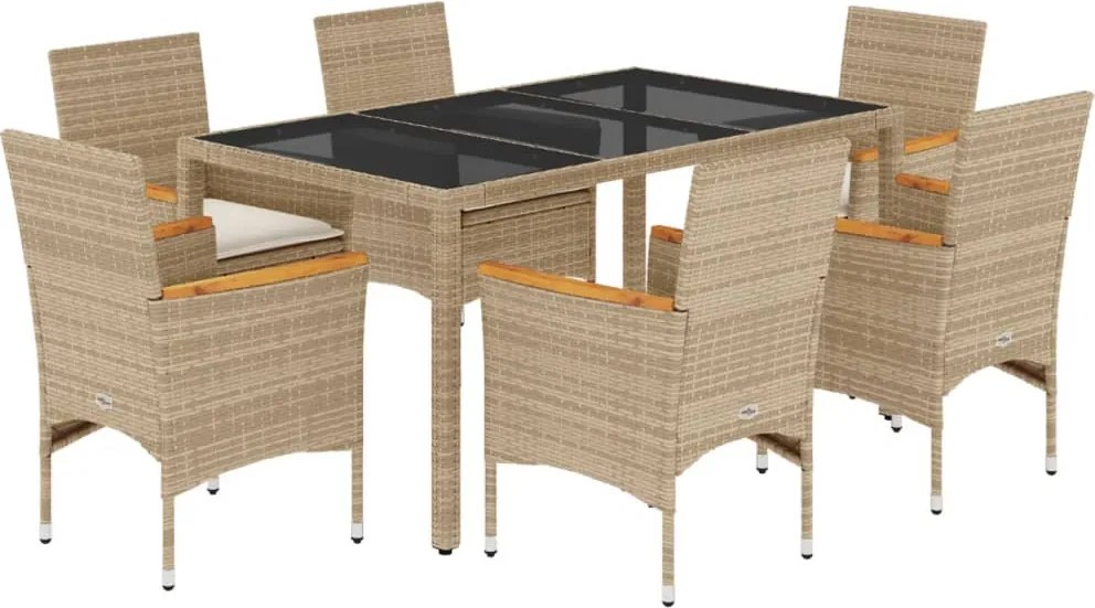 vidaXL 7 részes bézs polyrattan/üveg kerti étkezőgarnitúra párnákkal