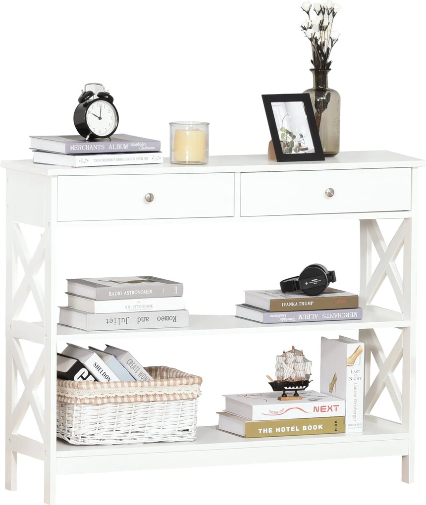 HOMCOM Előszobai Konzoltábla 2 Fiókkal és 2 Alsó Polccal - Modern Bútor, Emelt Alap, Felborulásgátló, 100x30,5x80 cm, Fehér | Aosom