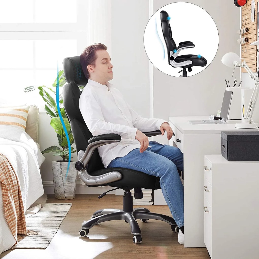 Ergonomikus irodai forgószék felhajtható karfákkal és állítható fejtámlával, fekete PU műbőr, 150 kg