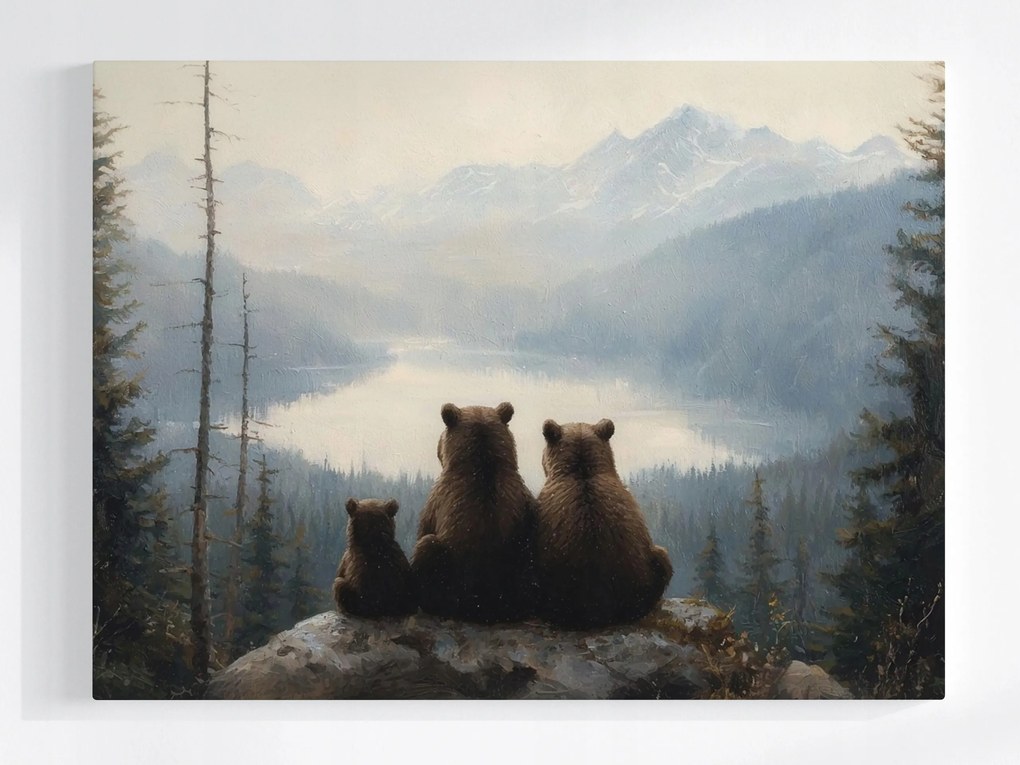 Vászonkép Canvas Medve Család Mackók Hegyek Tájkép Erdő 100x75