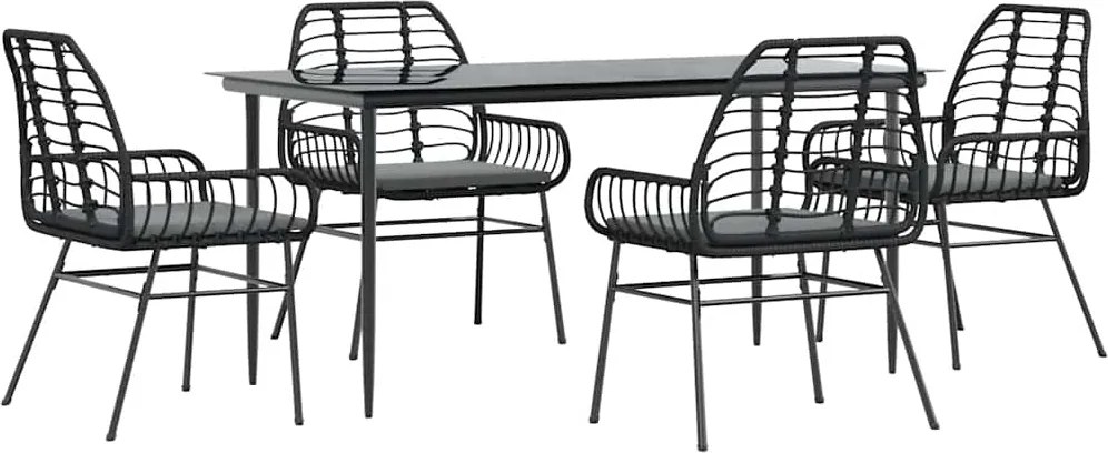 vidaXL 5 részes fekete polyrattan üveg kerti étkezőgarnitúra párnákkal