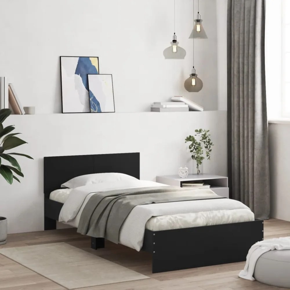 fekete szerelt fa ágykeret fejtámlával 100 x 200 cm