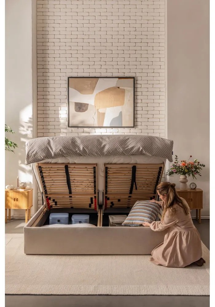 Bézs kárpitozott ágyneműtartós franciaágy ágyráccsal 180x200 cm Thessa Pillow – Bonami Selection