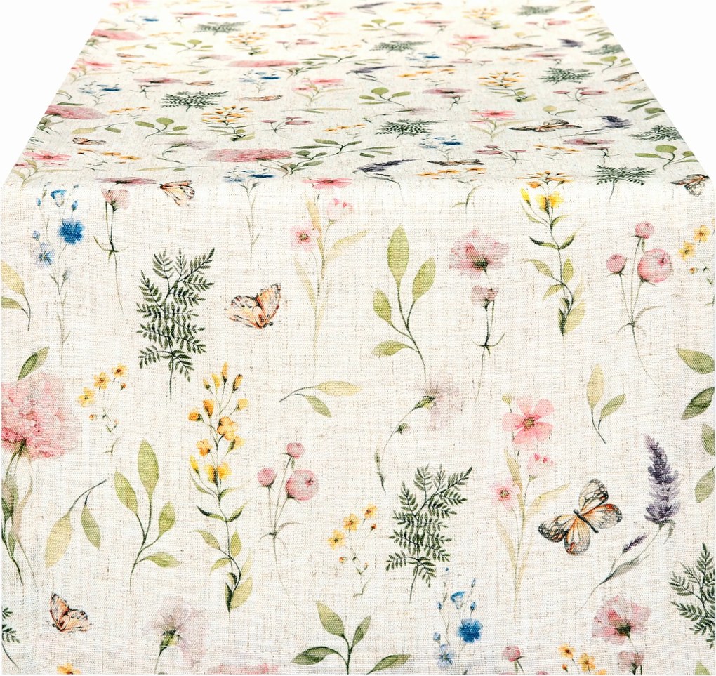 Asztalterítő 40x100 Len Futófelület Természetes Bézs Virágok Összekötő 11012