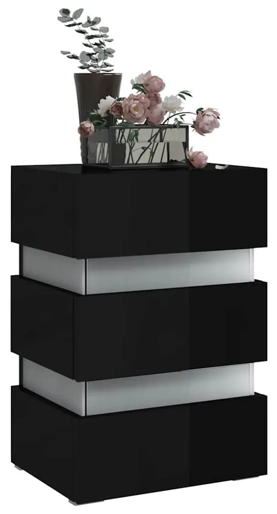 Magasfényű fekete szerelt fa LED-es éjjeliszekrény 45x35x67 cm