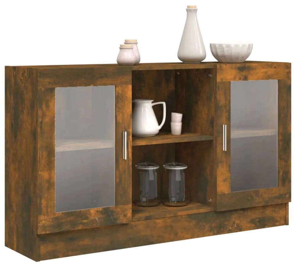 füstös tölgy színű szerelt fa vitrinszekrény 120 x 30,5 x 70 cm
