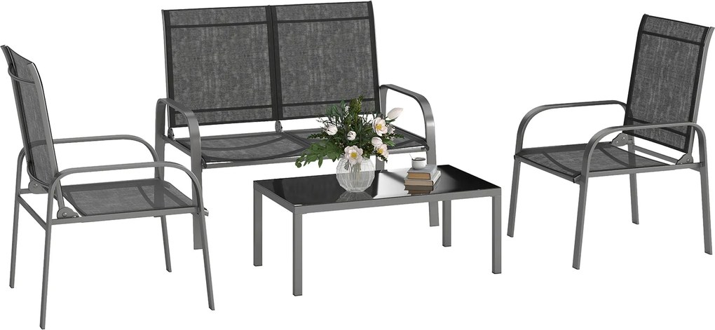 Outsunny 4 részes Kertibútor Szett 2 fős Kültéri Loveseat-el, Állítható Támlával, 2 Székkel és Üvegasztallal, Acél és Textilén Vízálló Bútor Szett, Fe