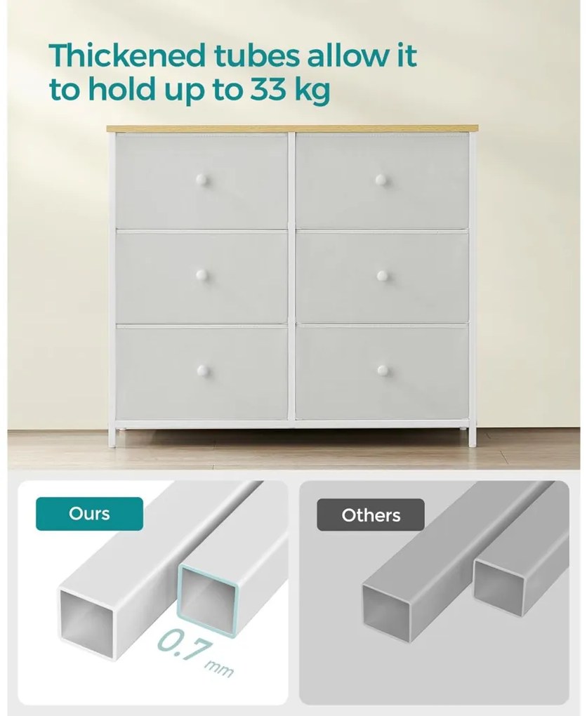 Tároló szekrény hat fiókkal, ruhás szekrény, fehér és tölgy 80x30x71cm